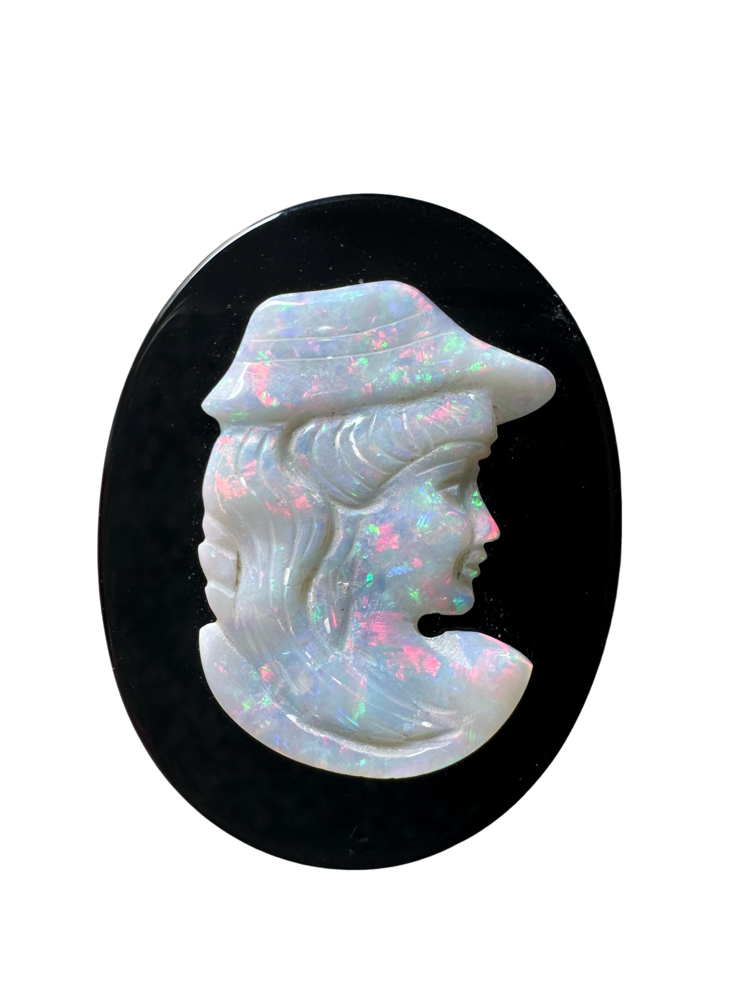 Antique opal carving cameo mounted on the onyx plaque.: Antique opal carving cameo mounted on the onyx plaque. 1.5"Lx1" IN HOUSE SHIPPING with the United States