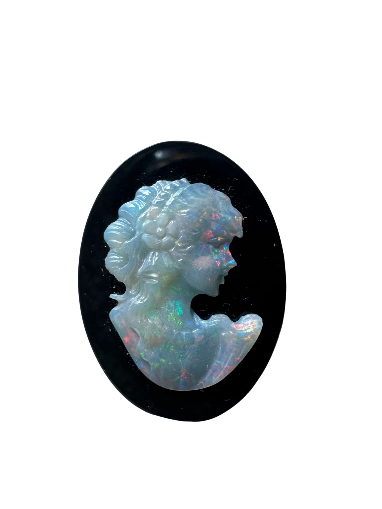 Antique opal carving cameo mounted on the onyx plaque.: Antique opal carving cameo mounted on the onyx plaque.1"Lx.5" IN HOUSE SHIPPING within the United States