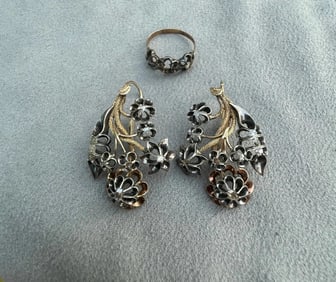 1840’s Early Victorian Diamond, Silver, Rose Gold Earrings and Ring
