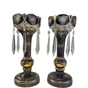 Pair Antique Victorian Mantle Lusters With Crystal Prisms