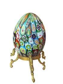 Vintage Murano Glass Millefiori Satin Matte Glass Egg Paperweight w/ Brass Stand
