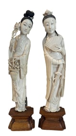 antique Pair Of Chinese Carved Bone ?? Figures Of Maidens