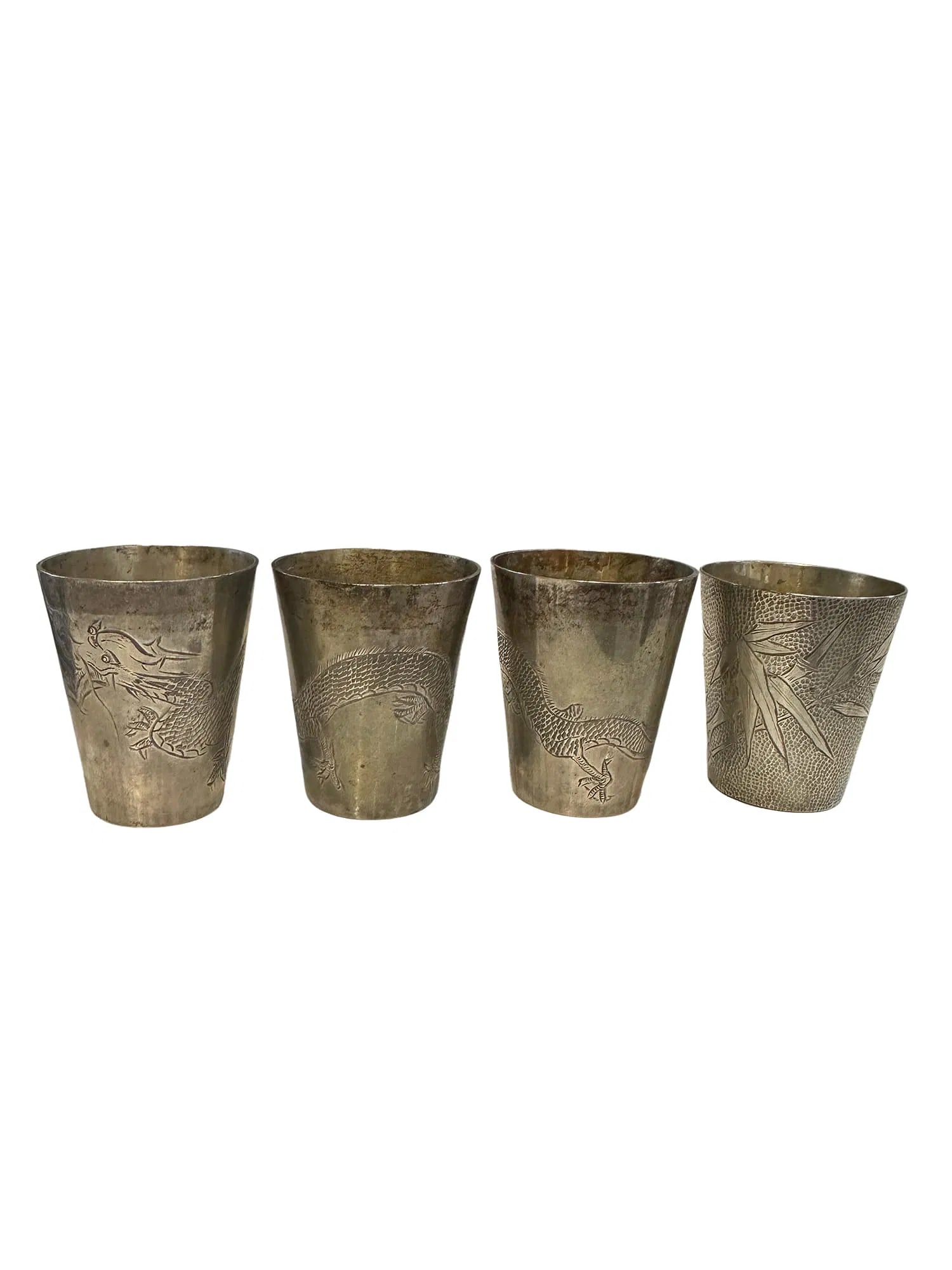 set of 4 - Chinese Export Silver Beakers Shot Cups w/ Dragons and tree (1 of 6)