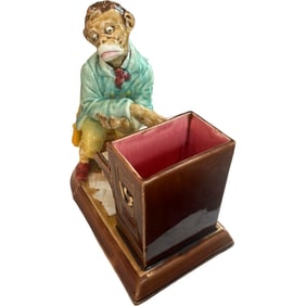 Majolica Sarreguemines Monkey Pianist Humidor Tobacco Jar