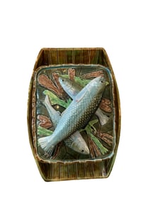 GEORGE JONES majolica boat form sardine box with overlapping fish on cover