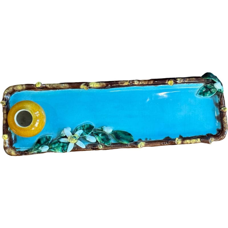 Antique Rare Menton Majolica Tray / Platter with Vase on tray - Signed ' Perret - Gentils ' (1 of 8)