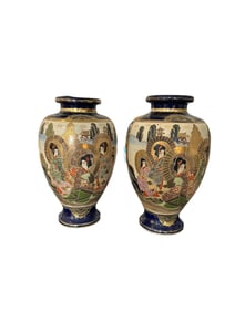 Pair of Moriage Satsuma Japan Gold Gilt Vase w/Cobalt Blue - Hand Painted