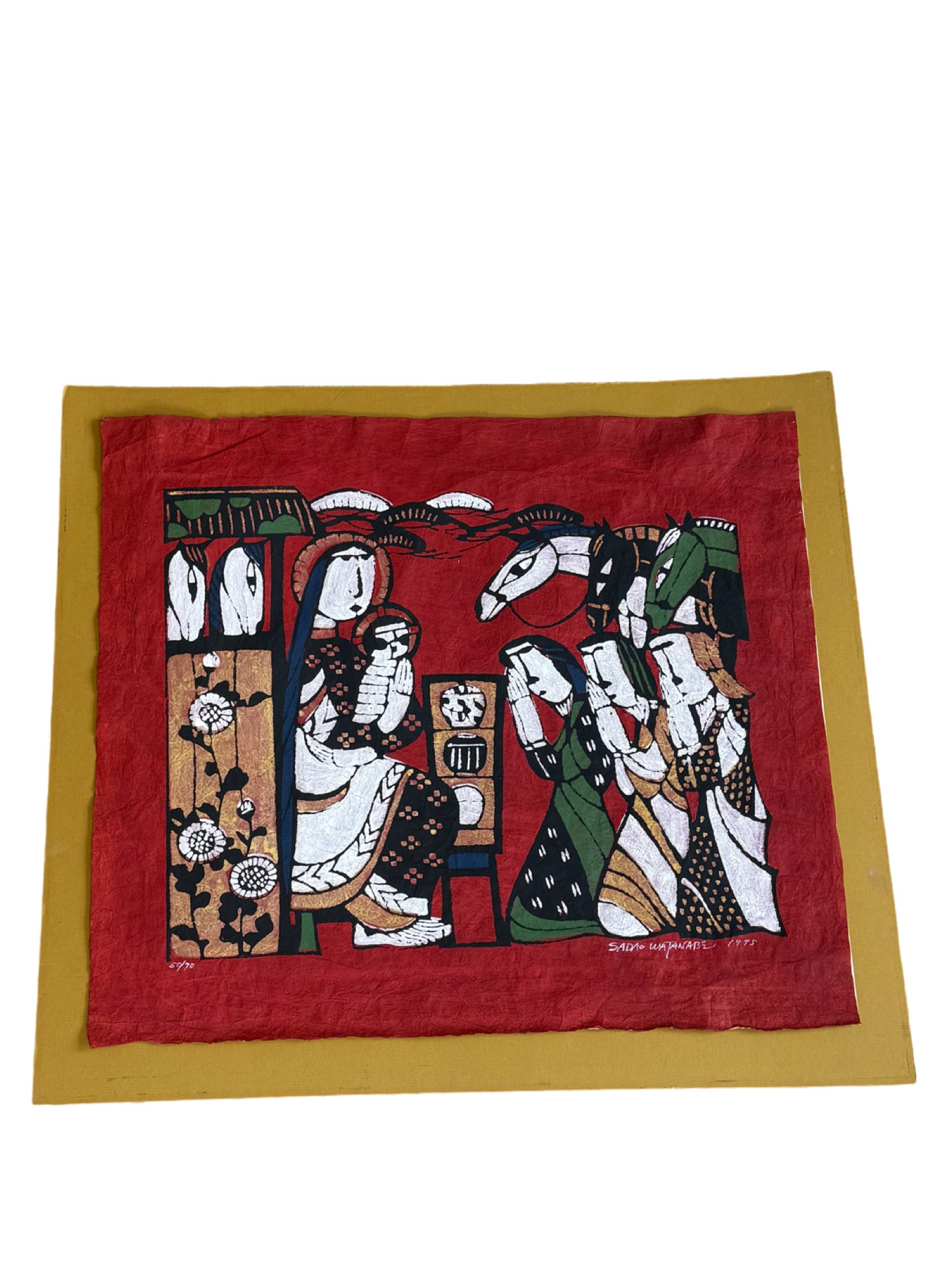 Sadao Watanabe, Nativity: 1913 - Born in Tokyo.Studied under Soetsu Yanagi and Keisuke Serizawa being influenced by their championship of folk art. Has shown works at the exhibitions of the Kokugakai, Japan Print Academy and J