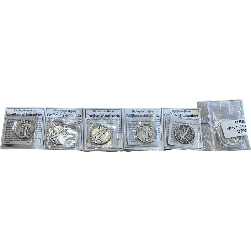 Lot of six Walking Liberty Half Dollars - P, S mint mark - with COA: Lot of six Walking Liberty Half Dollars 1- 1936, P Mint 1- 1939, P Mint 1- 1941, S Mint 1- 1942, S Mint 1- 1943, S Mint 1- 1944, P Mint **IN HOUSE SHIPPING within the united states