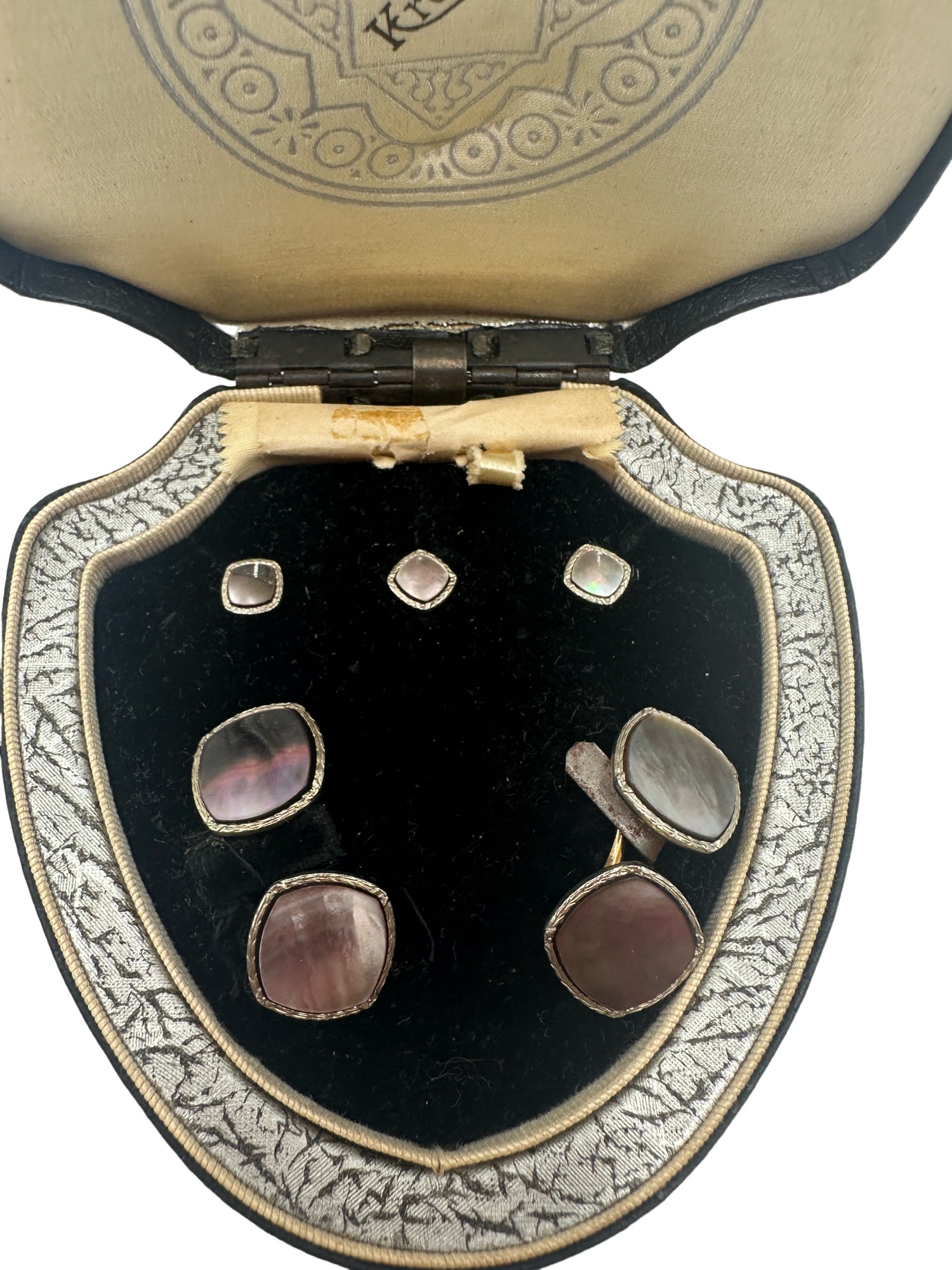 Art Deco Krementz Gold Filled Platinum Inlay Rims Abalone Tuxedo Stud Set with Matching Cufflinks (1 of 5)