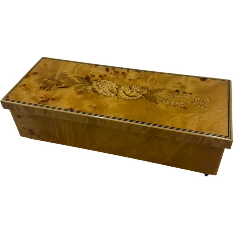Reuge Italian Musical Jewelry Box Floral Wood Laquer Inlay Vintage Handmade: Reuge Italian Musical Jewelry Box Floral Wood Laquer Inlay VintageHandmade music still plays 2.5”H x 8.5”L x 3.25”D **IN HOUSE SHIPPING WITHIN UNITED STATES