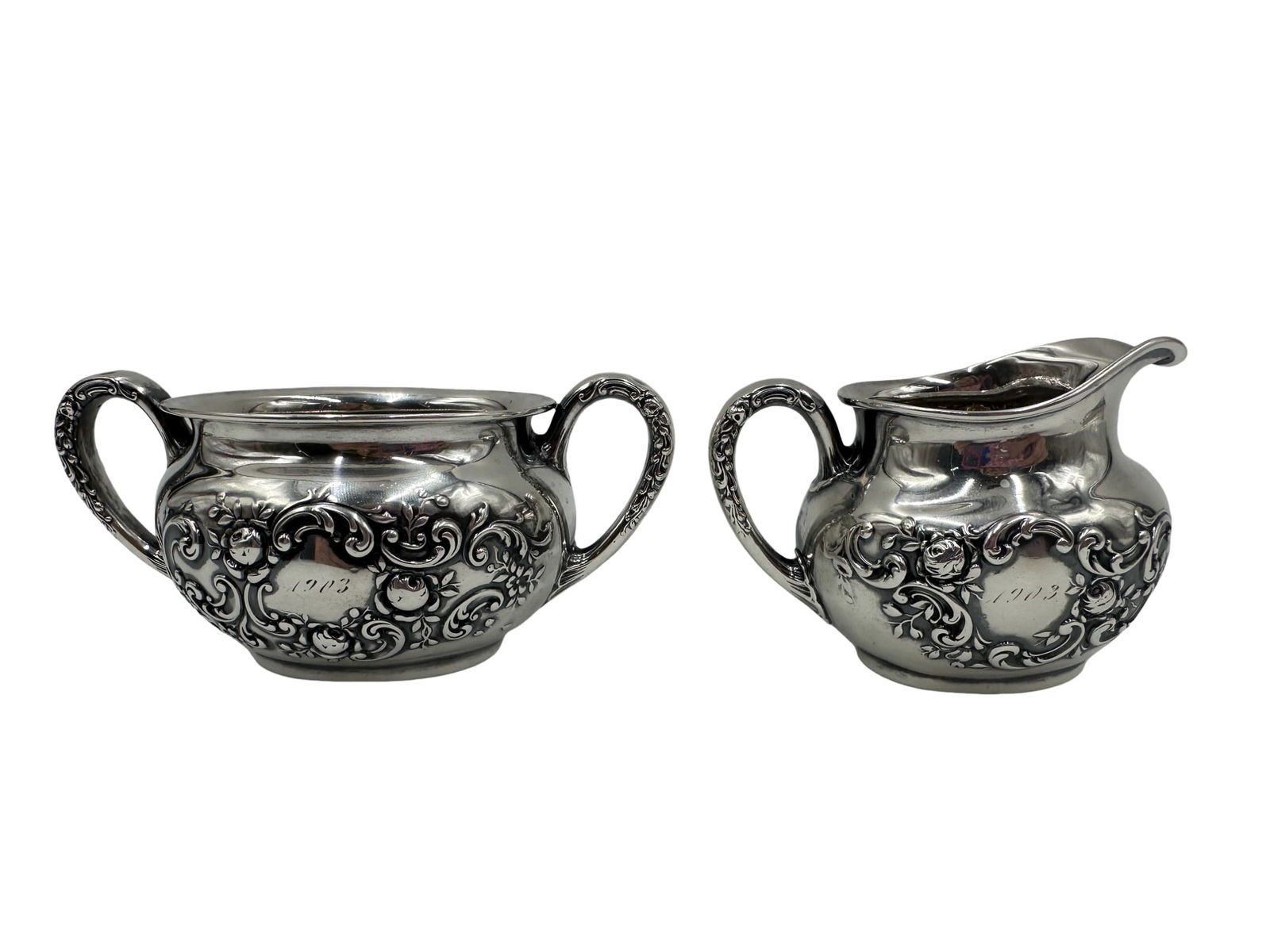 1903 Sterling Silver Gorham Cream and Sugar Set Ravenel Middleton Estate Charleson: From The Estate of Charleston Ravenel Middleton Family 1903 Sterling Silver Gorham Cream and Sugar Set. Measurements: creamer- 2.5"H x 3.75"L 75 grams sugar bowl- 2.5"H x 5.5"L 106 grams **IN HOUSE SH