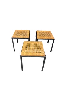 Danny Ho Fong 1960s MCM Black Iron & Natural Wicker Caned Stools or Side Tables