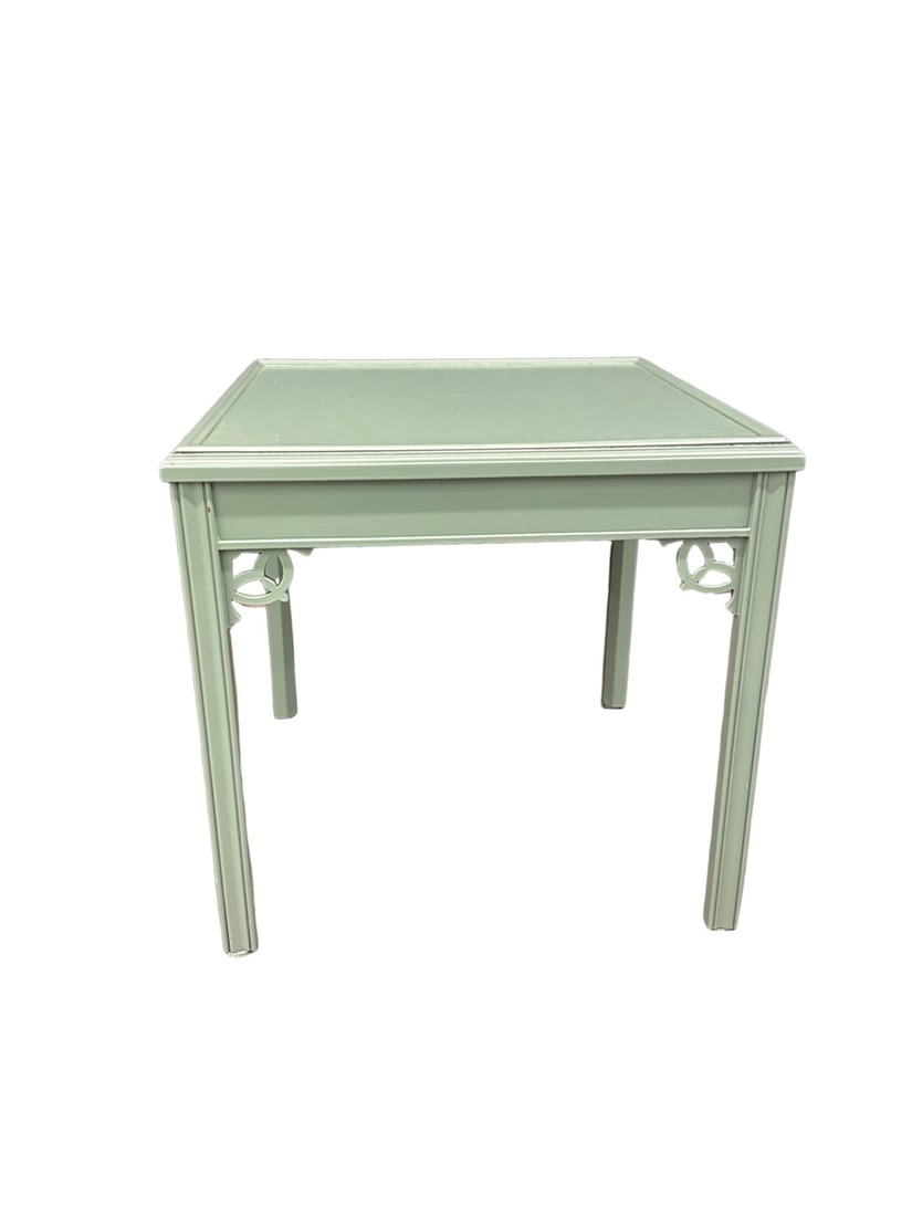 light green lacquered Chinoiserie Style Table: lacquered light green Chinoiserie Style Table 19 1/2 wide by 19 1/2 deep by 19 high **OUT OF HOUSE SHIPPING on this lot, we recommend Pak Mail 843-849-0310 info@charlestonshipping.com or PostNet 843-8