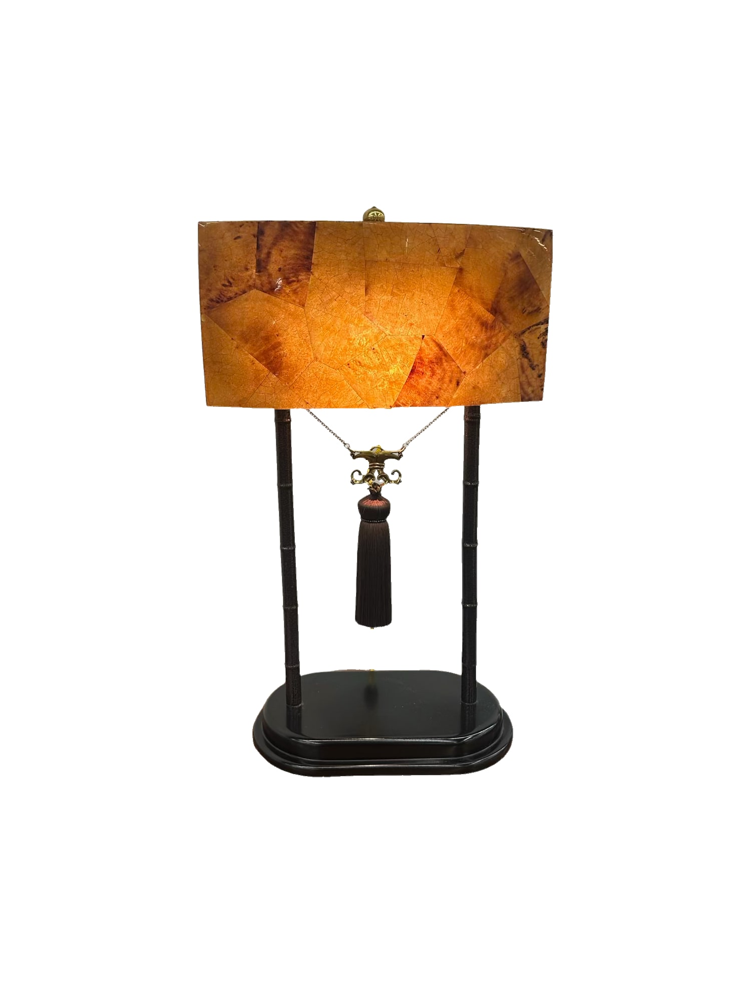 Maitland Smith Faux Tortoise Penshell and Spotted Patina Iron Decorative Lamp with Tassel Accent