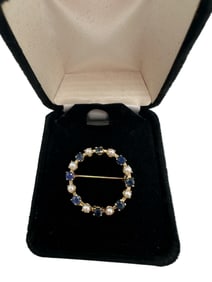 14K Gold Sapphire and Pearl Brooch