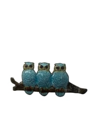 Victorian Trio Owl Pin Guilloche Enamel Sterling Silver