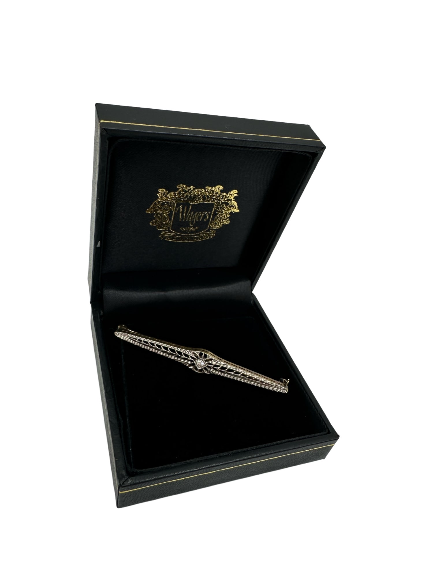 Art Deco 14K White Yellow Gold Diamond Filigree Bar Pin Brooch: Art Deco 14K White Yellow Gold Diamond Filigree Bar Pin Brooch measurements: 56.90mm x 7.20mm weight: 3.1 grams **IN HOUSE SHIPPING WITHIN UNITED STATES