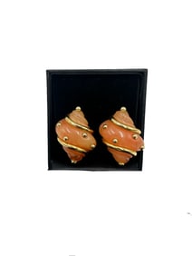 Vintage KENNETH LANE Designer Earrings -Orange Conch shell, gilt metal ornaments