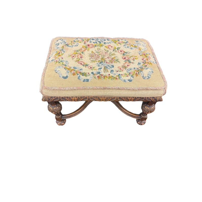 Antique Victorian Hand Carved Wood Tapestry Covered Down Fill Bench: Antique Victorian Hand Carved Wood Tapestry Covered Down Fill Bench 17” h x 26.5”l x 18.25”d From the living estate of Betsy Havens **OUT OF HOUSE SHIPPING on this lot, we recommend 