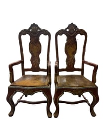Pair of Antique Baroque Hand Painted Tooled Leather Chairs