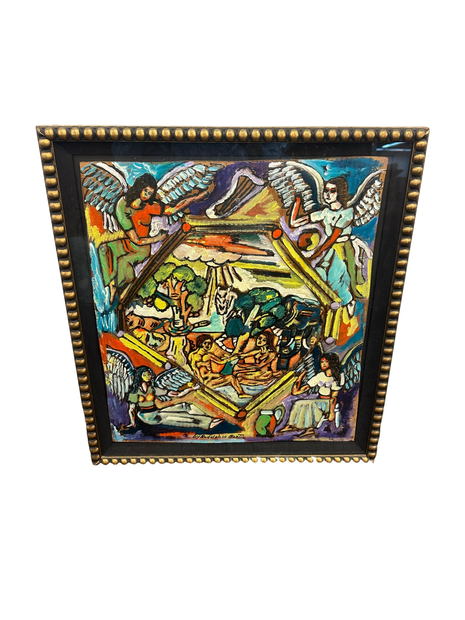 Framed Rudolph Valentino Folk Art Original on Cardboard: Framed Rudolph Valentino Folk Art Original on Cardboard 27"L x 23.5"W Rudolph Valentino is a self-taught artist from Savannah, Georgia From the living estate of Betsy Havens **OUT OF HOUSE SHIPPING on