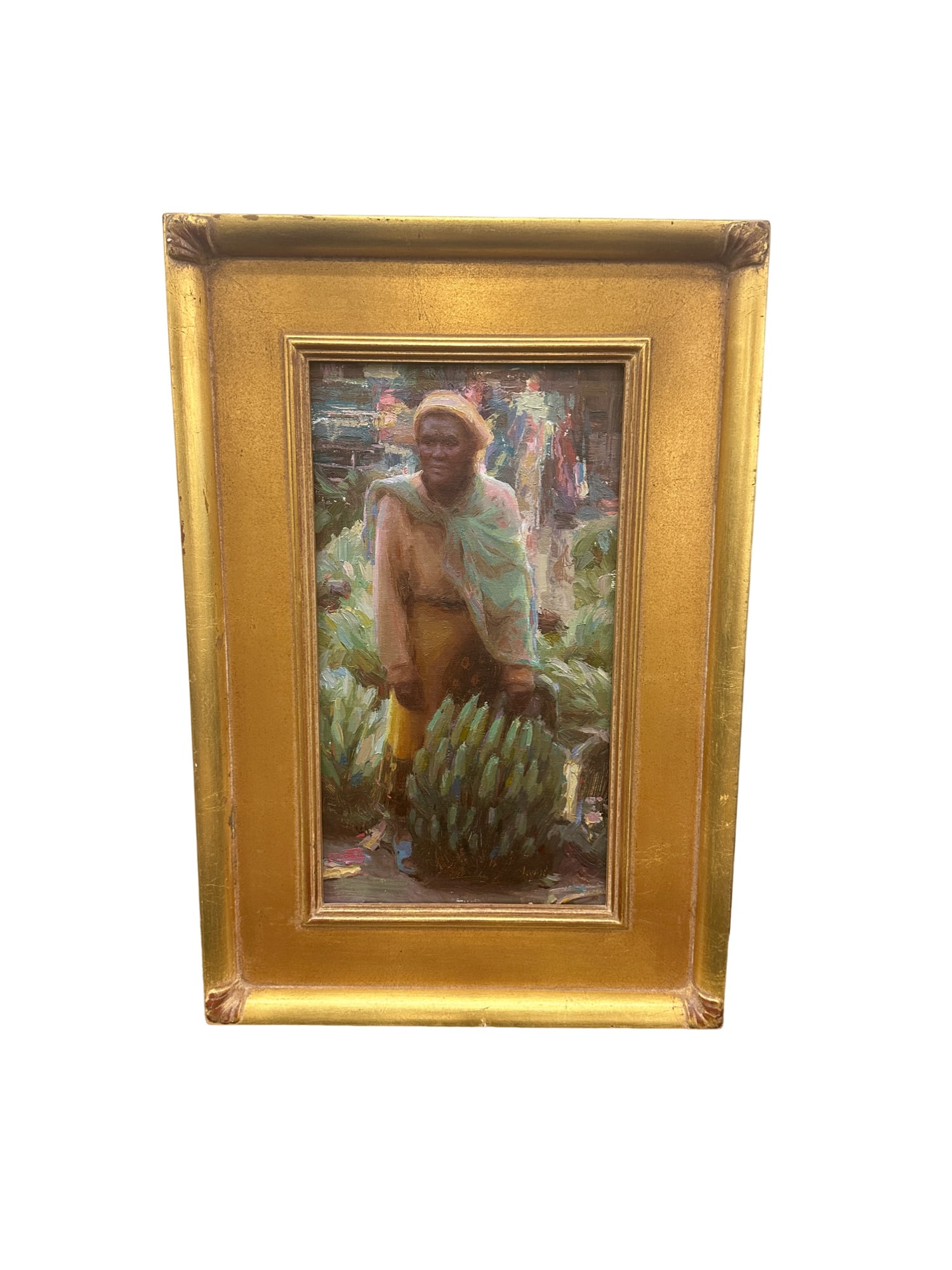 "Banana Seller" by Susan Lyon Framed and Signed Oil Painting: "Banana Seller" by Susan Lyon Framed and Signed Oil Painting 26"H x 17.5"W x 2"D framed 18"x10" unframed Susan Lyon grew up in Oak Park, Illinois. Her initial interest in art was sparked by a PBS tele