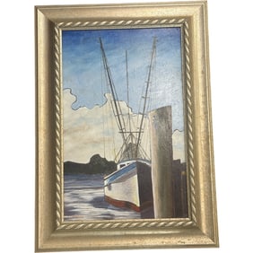 Signed EC Havens Boat Acrylic Painting On Board