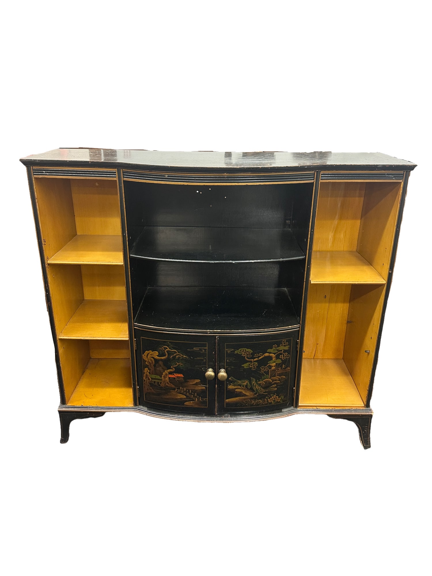 Chinoiserie Decorated Black Lacquer Credenza: Chinoiserie Decorated Black Lacquer Credenza 39"H x 43"W x 13"D From the living estate of Betsy Havens **OUT OF HOUSE SHIPPING on this lot, we recommend Pak Mail 843-849-0310 info@charlestonshipping.c