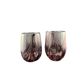Pair of Art Glass Tumblers Pulled Purple Feathers Signed EAG 1977