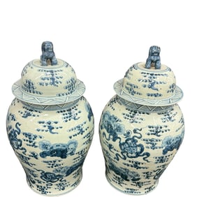 Pair of Very Large Blue and White Ginger Jars with Shizi Foo Dog Lids