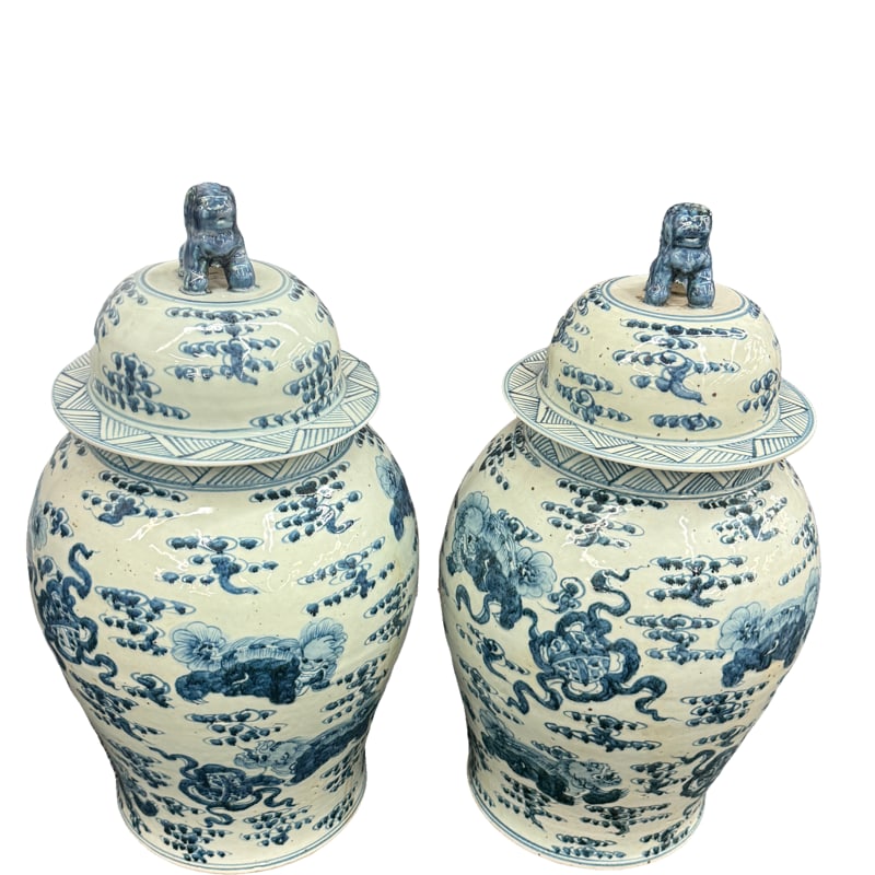 Pair of Very Large Blue and White Ginger Jars with Shizi Foo Dog Lids (1 of 7)