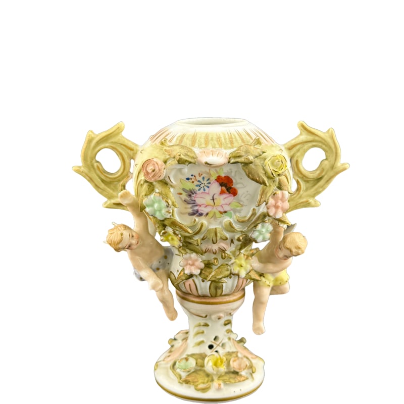 Andrea By Sadek ? Antique German Bisque Porcelain Vase with Winged Cherubs: Andrea By Sadek ? Antique German Bisque Porcelain Vase with Winged Cherubs 5"H x 5"L From the Living Estate Of Betsy Havens **IN HOUSE SHIPPING WITHIN UNITED STATES