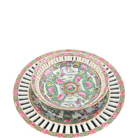 Vintage Reticulated Guangcai Chinese Famille Rose Plate and Bowl