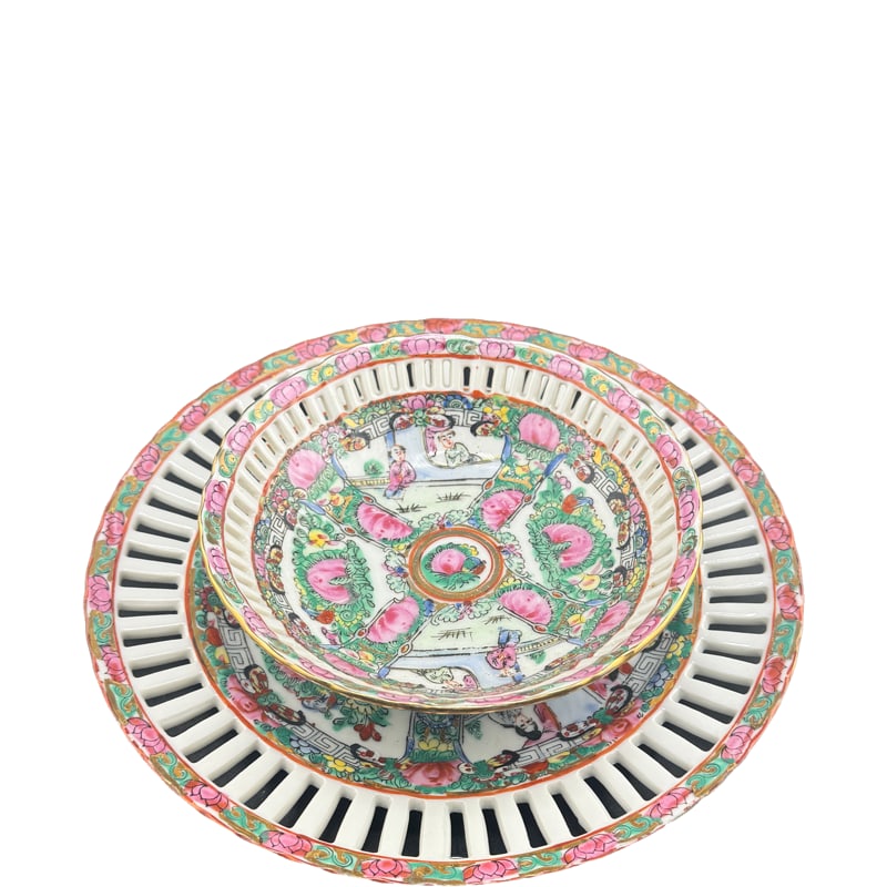 Vintage Reticulated Guangcai Chinese Famille Rose Plate and Bowl: Vintage Reticulated Guangcai Chinese Famille Rose Plate and Bowl from the living estate of Betsy Havens bowl: 6.25" plate: 9.25" **IN HOUSE SHIPPING WITHIN UNITED STATES