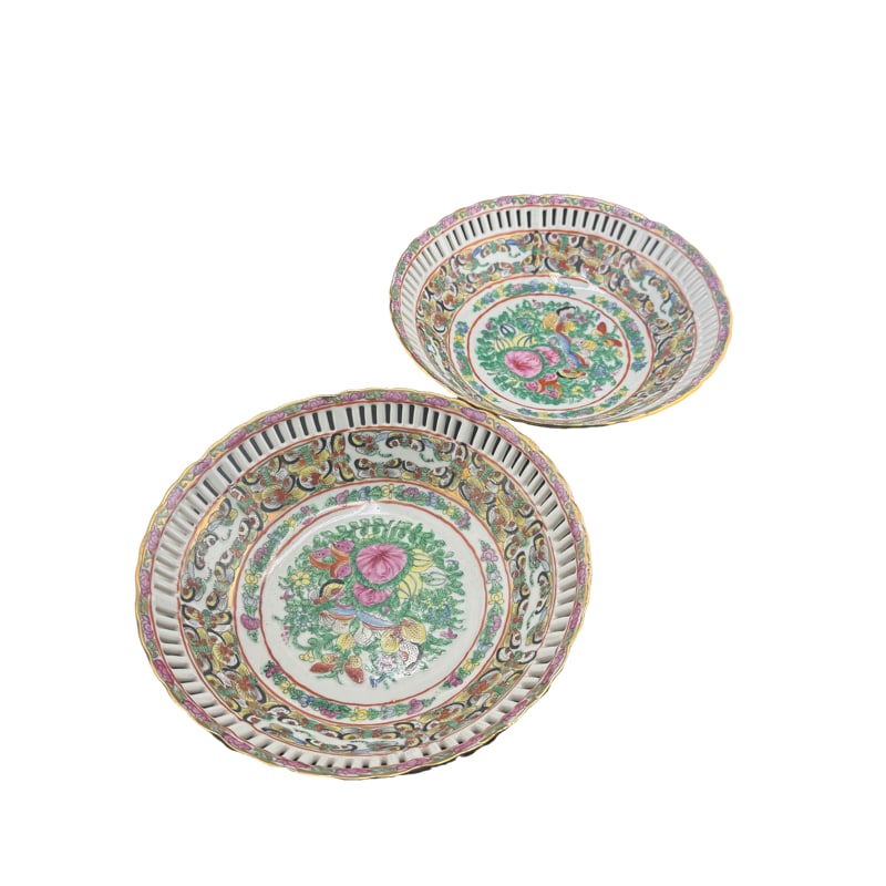 Pair Guangcai Chinese Famillle Reticulated Bowls: Pair Guangcai Chinese Famillle Reticulated Bowls From the Living Estate of Betsy Havens 10"L x 2.75"H **IN HOUSE SHIPPING WITHIN UNITED STATES