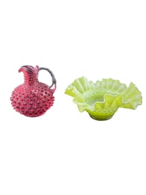 Set of Fenton Vaseline Glass Bowl and Cranberry Pink Hobnail Cruet