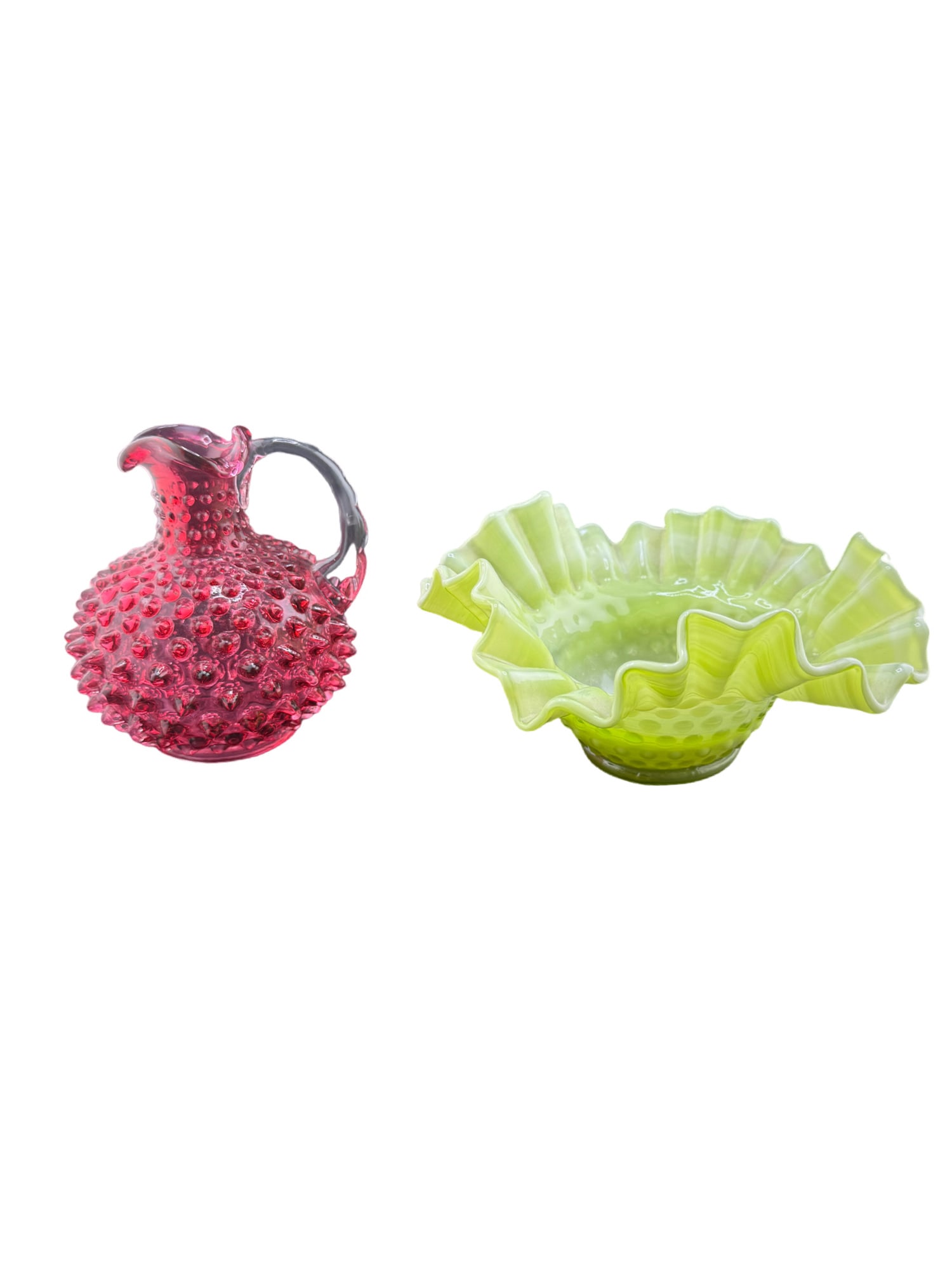 Set of Fenton Vaseline Glass Bowl and Cranberry Pink Hobnail Cruet (1 of 8)