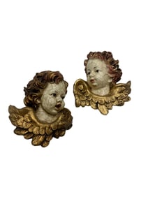 Set of 2 Vintage Gold Gilded Hand Painted Cherub Angel Head Wall Mounts