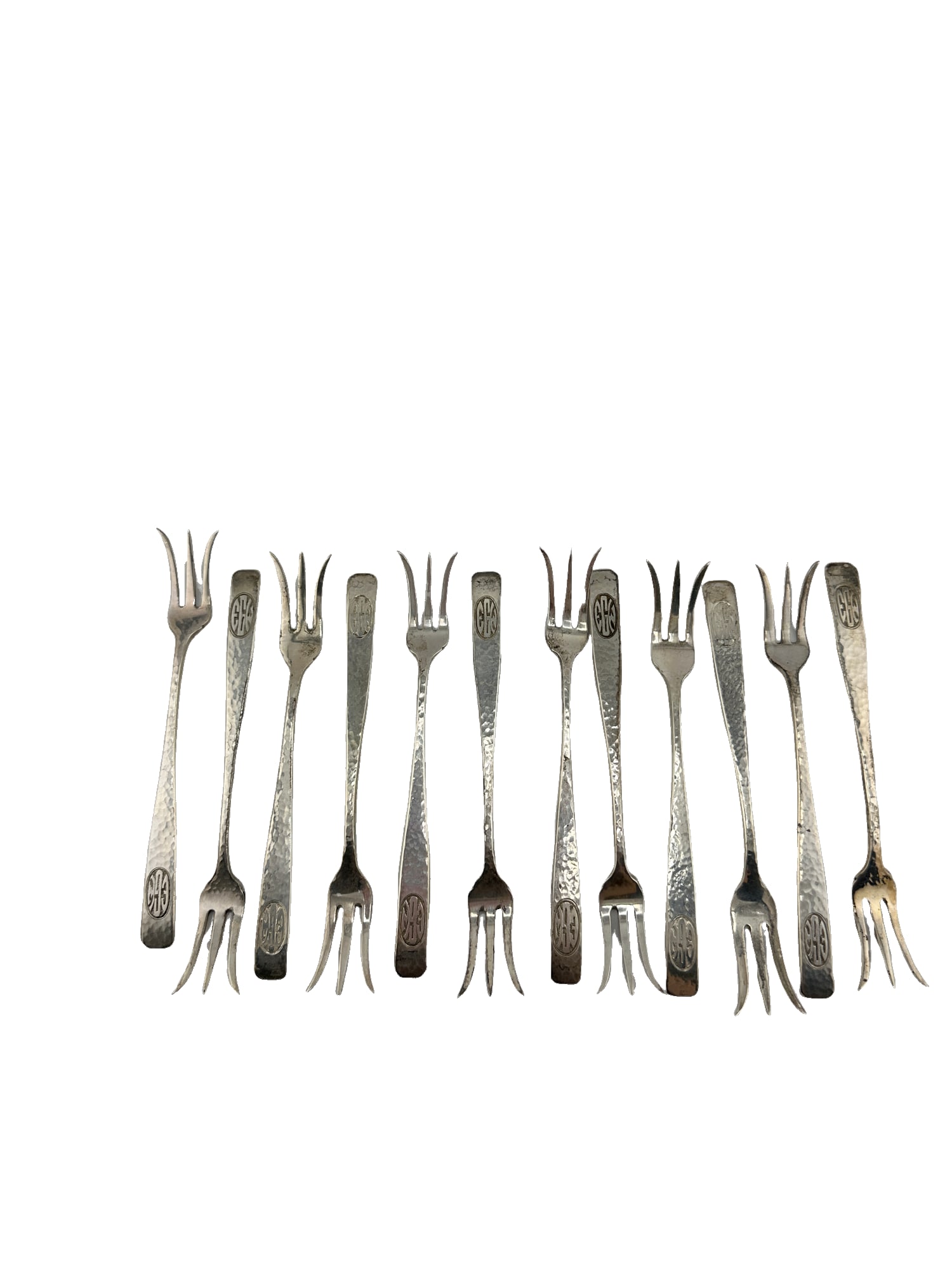 Set of 12 Elizabeth Tudor Hammered by Schofield Sterling Silver Cocktail Fork 5 1/2" (1 of 4)