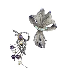 Set of 2 sterling silver Marcasite Brooches with opal and pearl