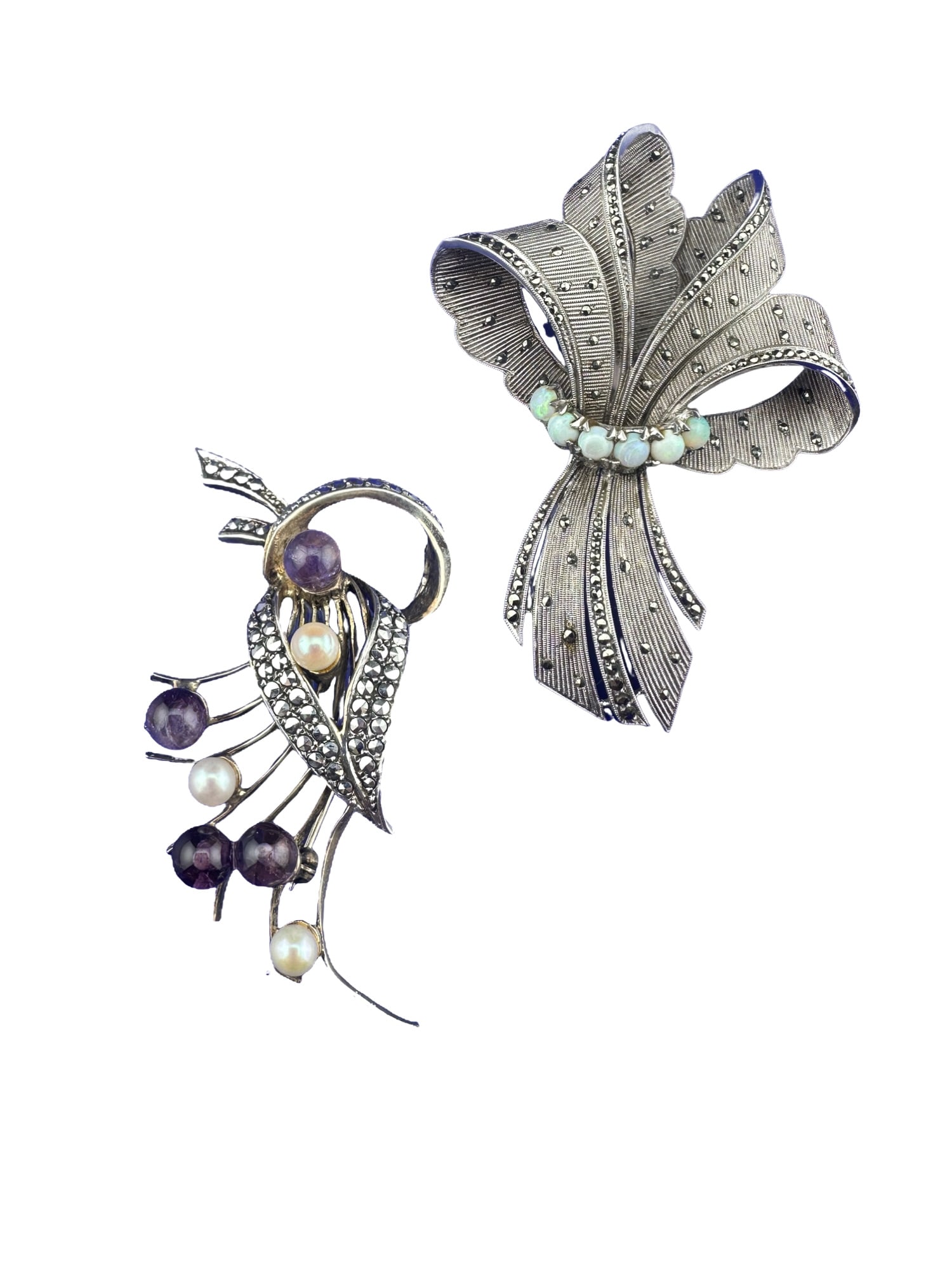 Set of 2 sterling silver Marcasite Brooches with opal and pearl (1 of 6)