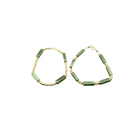 Pair of Two 14K Gold Jade Barrel Bracelets