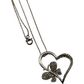 Vintage JTW Sterling Silver Butterfly Heart Pendant With Diamonds