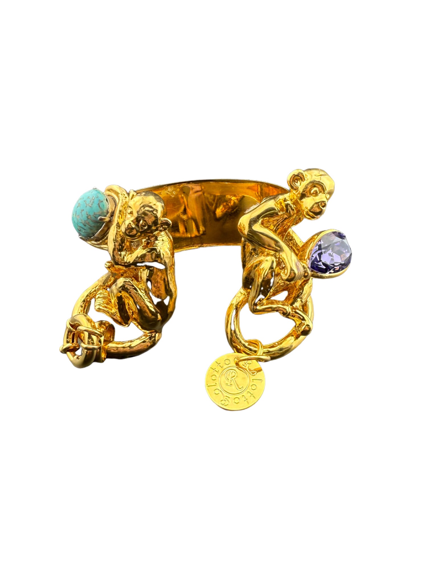 Gold Tone Monkey with Gems Bracelet Cuff by Rolotto Made in Italy: Gold Tone Monkey with Gems Bracelet Cuff by Rolotto Made in Italy Bracelet Size: 7 in. In house shipping within the US.
