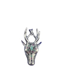 Sterling Silver Deer Head Pendant with Jade, Sapphire, and Ruby Stones