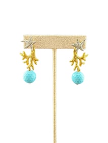 18K Gold Plated Sterling Silver Krill Starfish with Coral Earrings by Misis