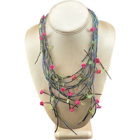 Unique Multi Strand Colorful Iridescent Beaded Rose Necklace