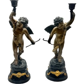 Pair Antique French Bronzed Cherub Angel With Wings Candlestick Holder Sculptures