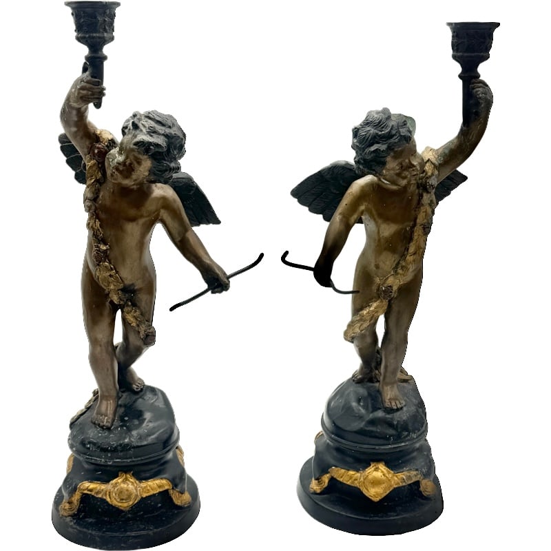 Pair Antique French Bronzed Cherub Angel With Wings Candlestick Holder Sculptures (1 of 8)
